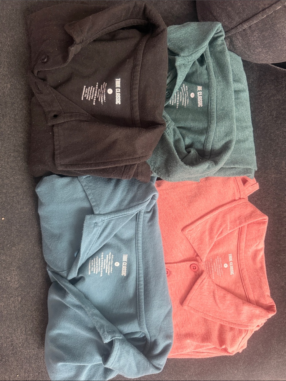 True Classic Men’s lot of 4  Polo - Black, Teal, Blue, Coral